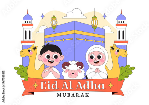 Eid Al Adha Vector Illustration Featuring Muslim Children, Mosque Background, Sheep Sacrifice Symbol, and Islamic Holiday Celebration Design