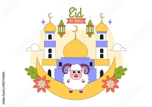 Eid Al Adha Vector Illustration Featuring Muslim Children, Mosque Background, Sheep Sacrifice Symbol, and Islamic Holiday Celebration Design