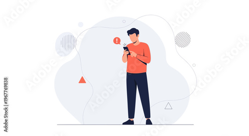 Man with Smartphone Receiving Warning Notification