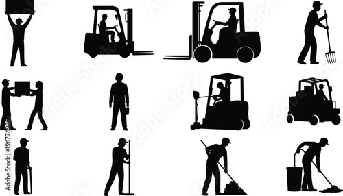 silhouette, workers, warehouse, forklift, cleaning, delivery, boxes, logistics, loading, transport, labor, equipment, industry, service, manual, job, activity, moving, people, working