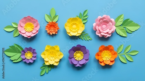 Top view colorful paper cut flowers with green leaves on blue background, copy space floral design