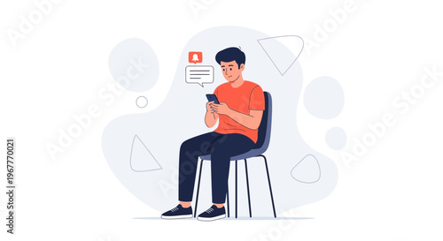 Young man sitting on chair, using smartphone, receiving notification, modern abstract background