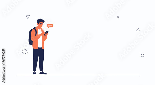 Young man with backpack looking at smartphone, notification bubble above