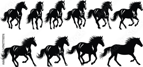 Horse running silhouette set, black vector icons in motion sequence, isolated clipart for animal movement, equine anatomy, speed, nature, design, study
