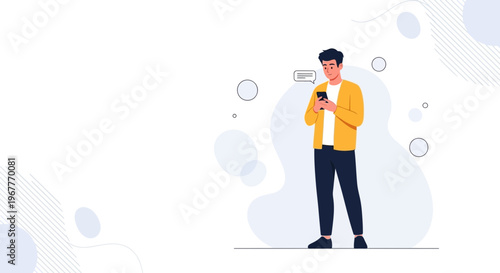 Man Texting on Smartphone, Modern Flat Illustration, Communication Concept
