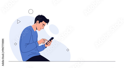 Young Man Texting on Smartphone, Modern Flat Illustration, Minimalist Design