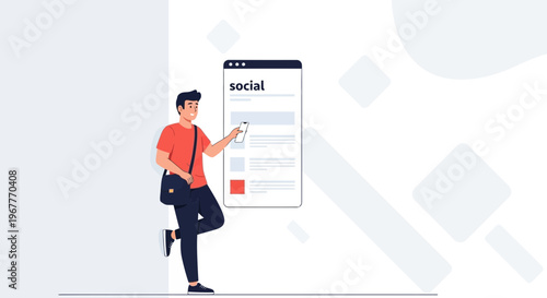 Young man using smartphone with social media app on screen, modern design