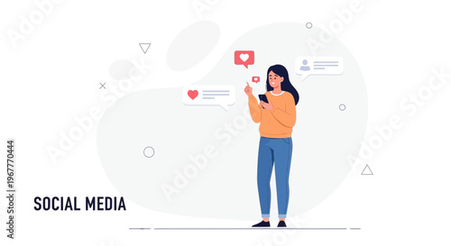 Young Woman Using Smartphone for Social Media, Receiving Likes and Messages