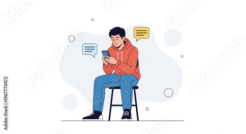 Young man texting on smartphone, communication, chat bubbles, modern lifestyle