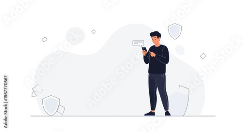 Man using smartphone with security shields, digital protection concept