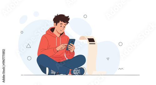 Young man using smartphone while sitting next to a self-service kiosk