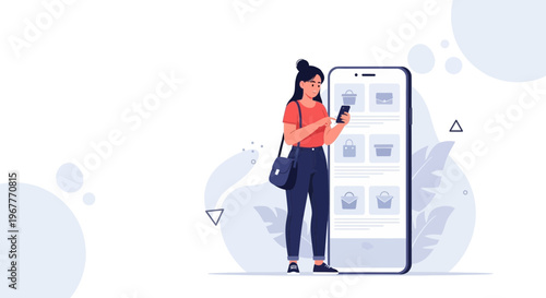 Woman Shopping Online via Smartphone, E-commerce App on Giant Mobile Screen