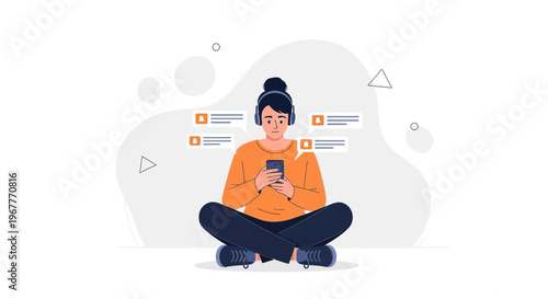 Young person with headphones using smartphone, sitting cross-legged, receiving notifications