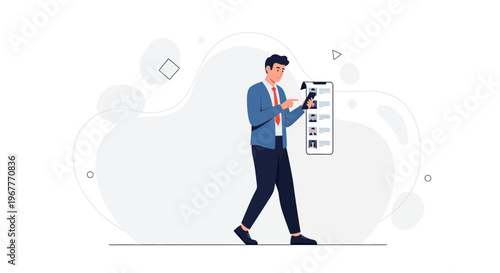 Man using smartphone for job search or social media, modern flat illustration