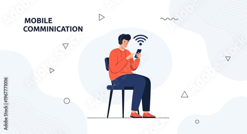 Man with headphones using smartphone, mobile communication concept, wifi symbol