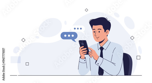 Man texting on smartphone, communication bubble, modern flat illustration