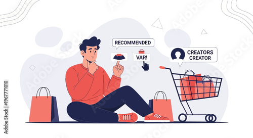Man choosing product online, shopping cart, recommendations, creator concept