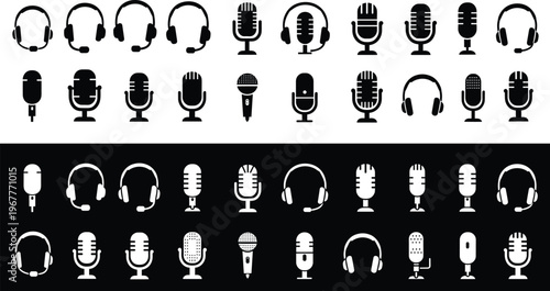 Microphone and headset icon pack, podcast and voice recording symbols, audio communication tools, black and white sound equipment vector