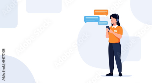 Customer service agent with headset and smartphone, communication concept