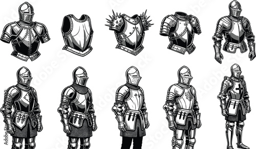 Medieval knight armor vector illustration, antique battle armor set, engraved warrior suit, vintage crusader gear, historical protective metal suit collection