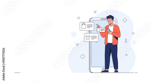 Man using smartphone for online shopping, browsing products on a large screen