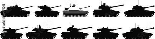 Military battle tank silhouette vector set, front and side view, modern armored combat vehicles illustration collection for war, defense, army, and warfare design