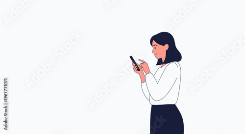 Woman in white shirt and dark skirt using smartphone, minimalist illustration