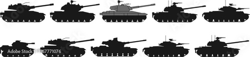 Military battle tank silhouette vector set, various modern armored combat vehicles, side view illustration collection for war, defense, army, and warfare design