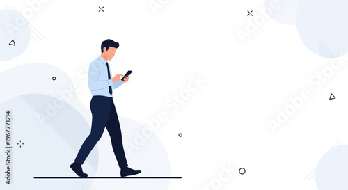 Man in Business Attire Walking While Using Smartphone, Minimalist Style