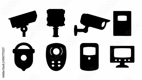 Black silhouettes of various surveillance and security icons on white background