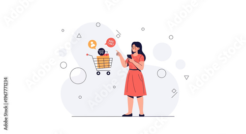 Woman using smartphone for online shopping, adding items to virtual cart with icons