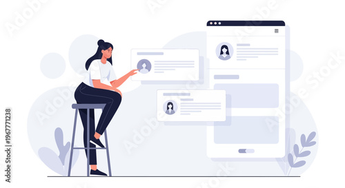 Woman browsing profiles on a digital device, online networking concept