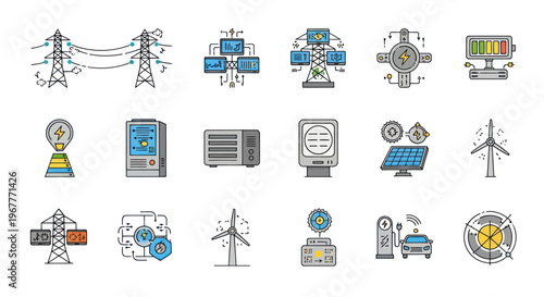 Smart Grid Technology Icons: Energy, Power, Renewable, IoT, Electric Vehicle Charging
