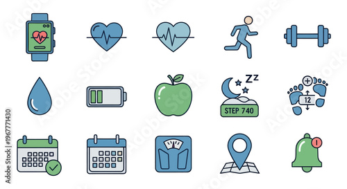 Fitness Tracker Icons: Heart Rate, Running, Apple, Sleep, Steps, Calendar, Scale, GPS, Bell