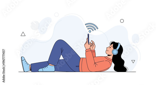 Woman with headphones using smartphone and wifi connection, relaxing on floor