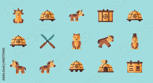 Flat Icons: Mongolian Nomadic Life, Horses, Yurts, and Herdsmen - Vector Art