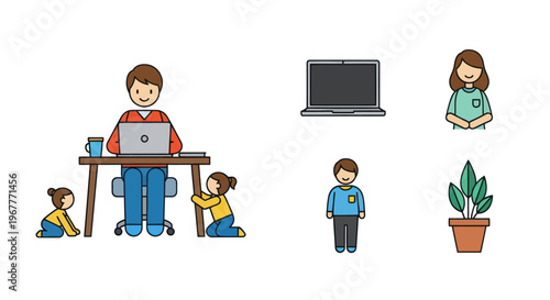 Parent Working From Home With Children, Laptop, Office Supplies, And Plant
