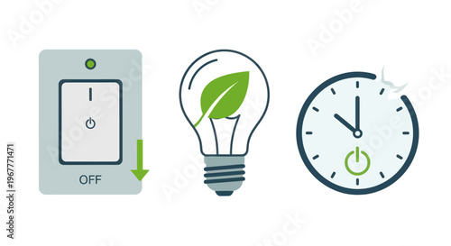 Eco-friendly energy saving concept: light switch off, leaf in lightbulb, and clock