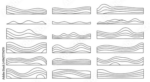 Set of abstract wavy lines, topographic map style, layered landscape elements, vector illustration isolated on transparent background