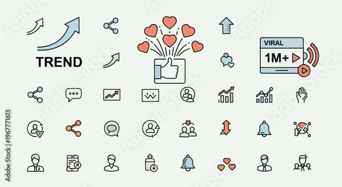 Social Media Trend Icons: Viral, Likes, Shares, Engagement, Growth