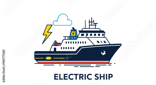 Modern electric ship with lightning symbol, representing eco-friendly marine transport