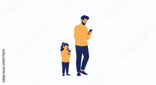 Father and Daughter Using Smartphones Together, Modern Family Lifestyle