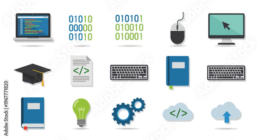Technology Icons: Laptop, Binary Code, Computer, Keyboard, Book, Graduation Cap, Lightbulb