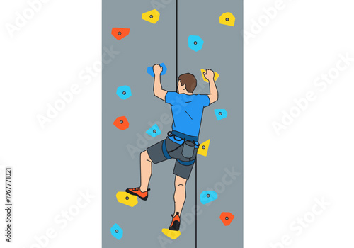 Man climbing indoor rock climbing wall with colorful holds.