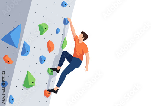 Man Climbing Indoor Rock Climbing Wall.