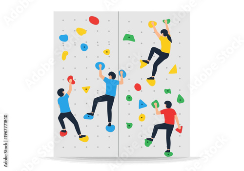 People climbing on a colorful indoor climbing wall with various holds.