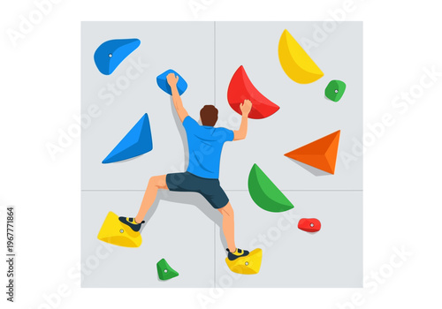 Man climbing on colorful holds on an indoor climbing wall.