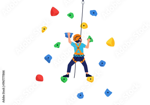 Child climbing indoor rock wall with safety harness and helmet.