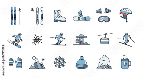 Winter Sports Icons: Skiing, Snowboarding, Gear, and Mountain Scenery