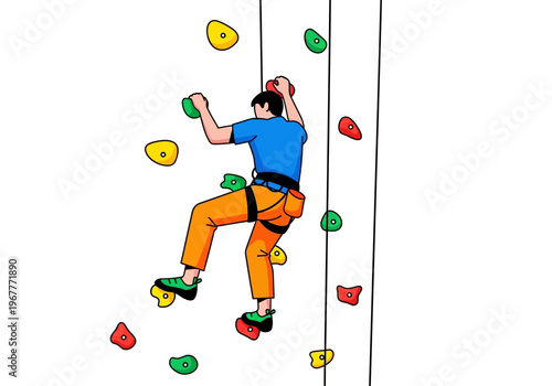 Man Climbing Indoor Rock Wall with Colorful Holds.